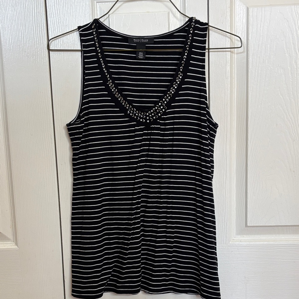 White House Black Market Black & White Striped Beaded V-Neck Tank